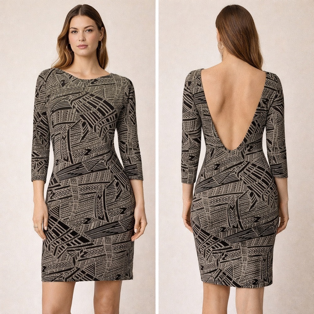 Veronica M open back geometric print bodycon dress black tan 3/4 sleeves…